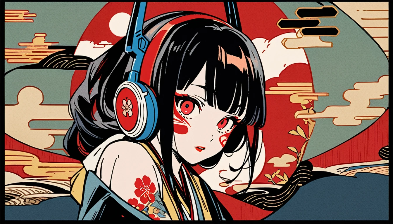 japanese kabuki, Red Eyes, 1 girl, Tattoo on face, Japanese style headphones, beautiful girl, Black Hair, Delicate and precise, Modern ukiyo-e style, Multicolored background