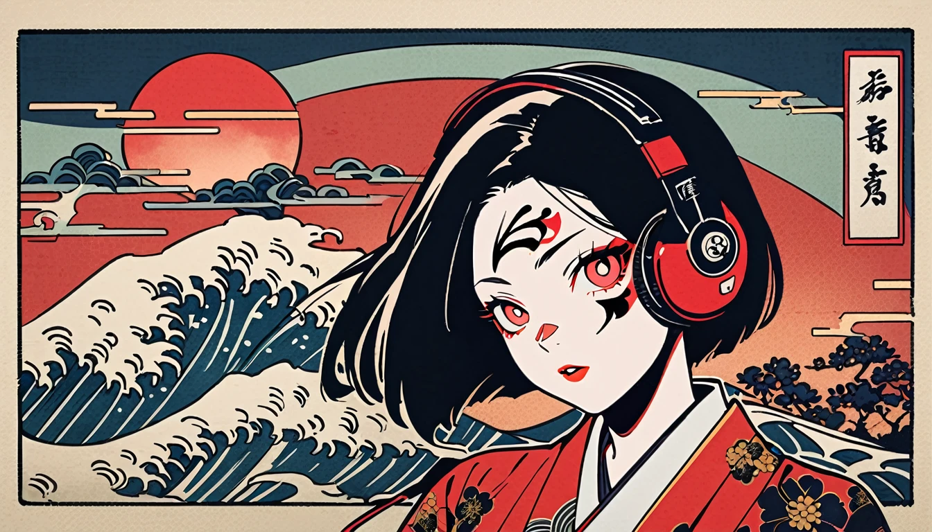 japanese kabuki, Red Eyes, 1 girl, Tattoo on face, Japanese style headphones, beautiful girl, Black Hair, Delicate and precise, Modern ukiyo-e style, Multicolored background
