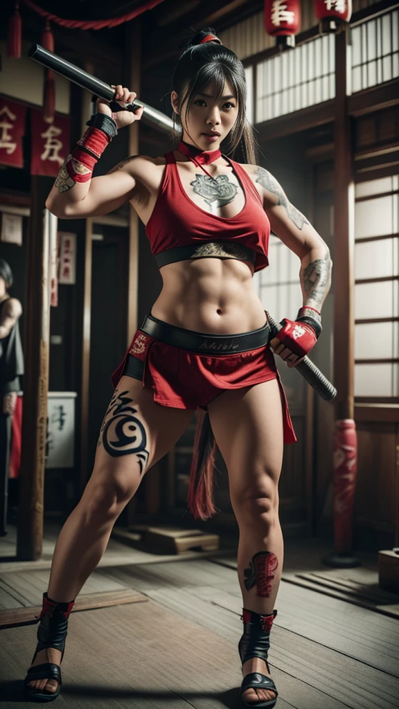 Beautiful Japanese female, (16 years old), Mixed Martial Arts, (belly exposed, everyday clothes worn around the house:1.3), tank top, (MMA gloves), fit, (muscles:1.2), athletic feminine body, female fitness model body, Tokyo landmark background, masterpiece, perfect lighting, ultra high resolution, 8K, She is an exceptional MMA fighter, hard toned feminine body, (very long ponytail, straight bangs:1.2), (sexy smile for the camera:0.7), (very sexy pose), (holding very large weapon in hand, wearing very large weapon, standing with very large weapon, brandishing very large weapon:1.3), (tattoos all over body, 80% of body has Japanese tattoos:1.5), red lips, red high heels, choker, necklace, earrings, (kung fu fighter in fighting stance, very detailed:1.4), front view, looking at camera, pensive expression, (Tokyo landmark, many people in background),