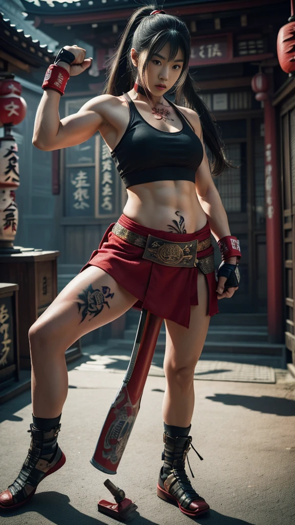 Beautiful Japanese female, (), Mixed Martial Arts, (belly exposed, everyday clothes worn around the house:1.3), tank top, (MMA gloves), fit, (muscles:1.2), athletic feminine body, female fitness model body, Tokyo landmark background, masterpiece, perfect lighting, ultra high resolution, 8K, She is an exceptional MMA fighter, hard toned feminine body, (very long ponytail, straight bangs:1.2), (sexy smile for the camera:0.7), (very sexy pose), (holding very large weapon in hand, wearing very large weapon, standing with very large weapon, brandishing very large weapon:1.3), (tattoos all over body, 80% of body has Japanese tattoos:1.5), red lips, red high heels, choker, necklace, earrings, (kung fu fighter in fighting stance, very detailed:1.4), front view, looking at camera, pensive expression, (Tokyo landmark, many people in background),