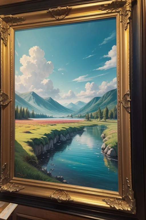 Create a painting in a frame of a landscape in it, with vibrant colors.