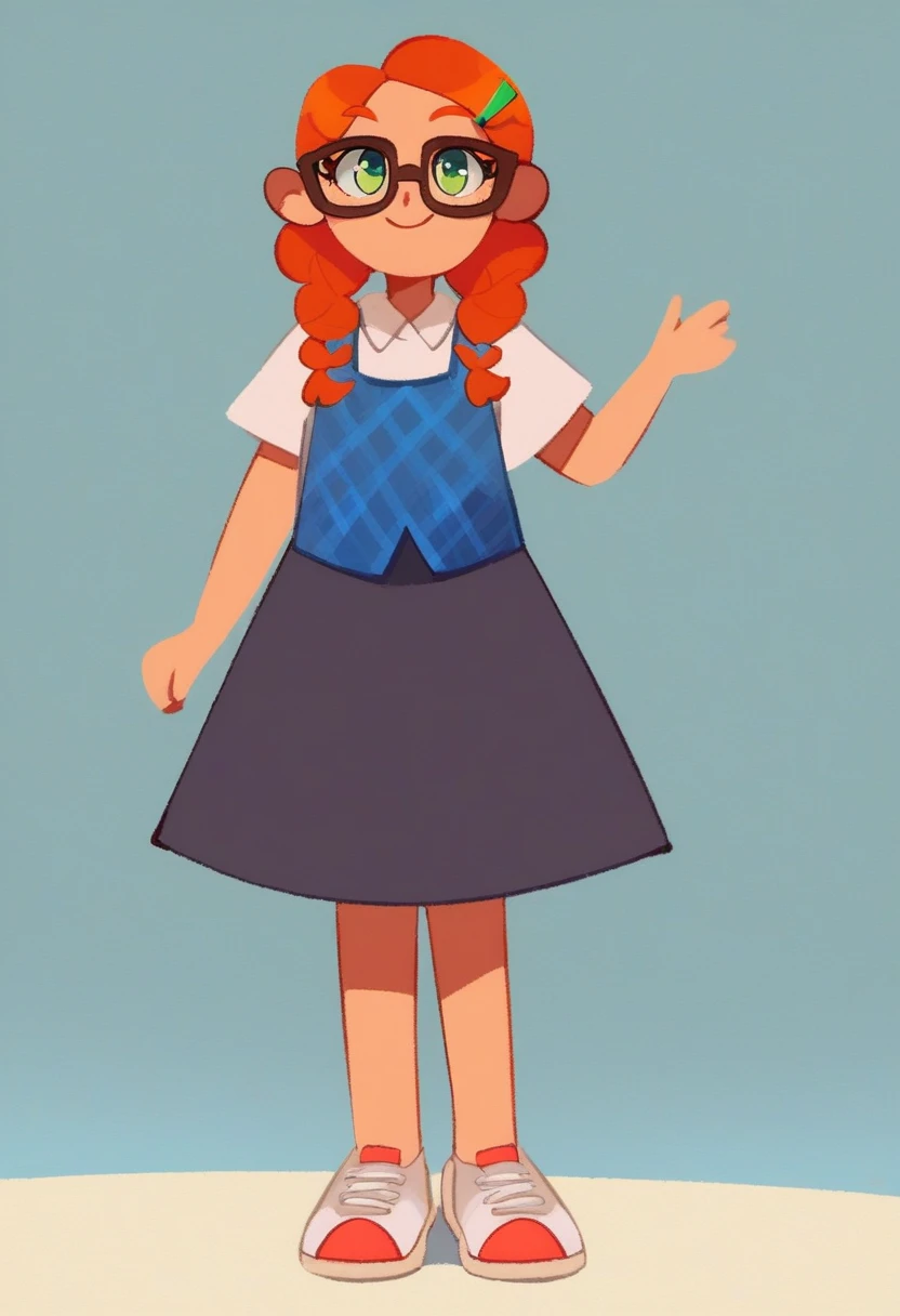 penelope, solo, 1girl, standing, full body, ginger braided hair with circular green clips at the ends, black clips on hair, brown glasses, emerald green eyes. white long-sleeved shirt underneath vest, blue rhombus-themed vest (colors: blue, red and goldenrod), dark grey skirt, white sneaker
