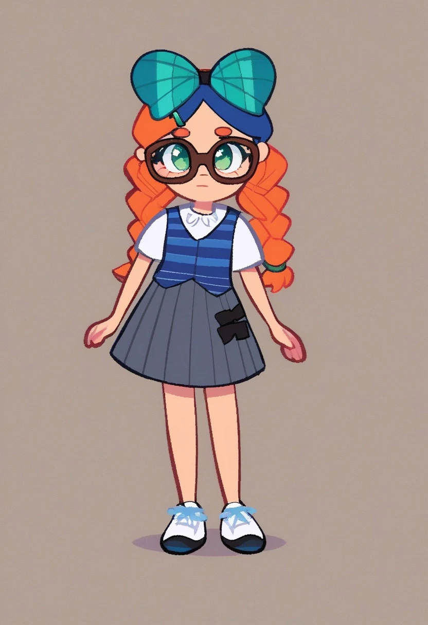 penelope, solo, 1girl, standing, full body, ginger braided hair with circular green clips at the ends, black clips on hair, brown glasses, emerald green eyes. white long-sleeved shirt underneath vest, blue rhombus-themed vest (colors: blue, red and goldenrod), dark grey skirt, white sneaker