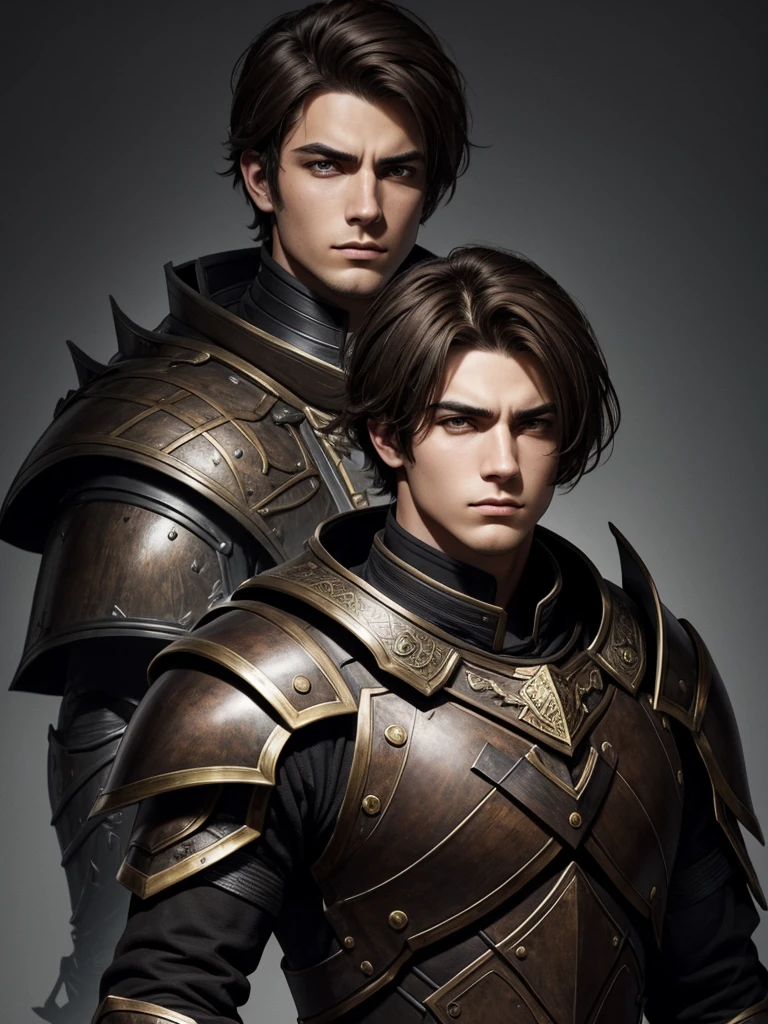 pretty young man, black armour, arrogant look, drawing style, lightBrown hair, europeu