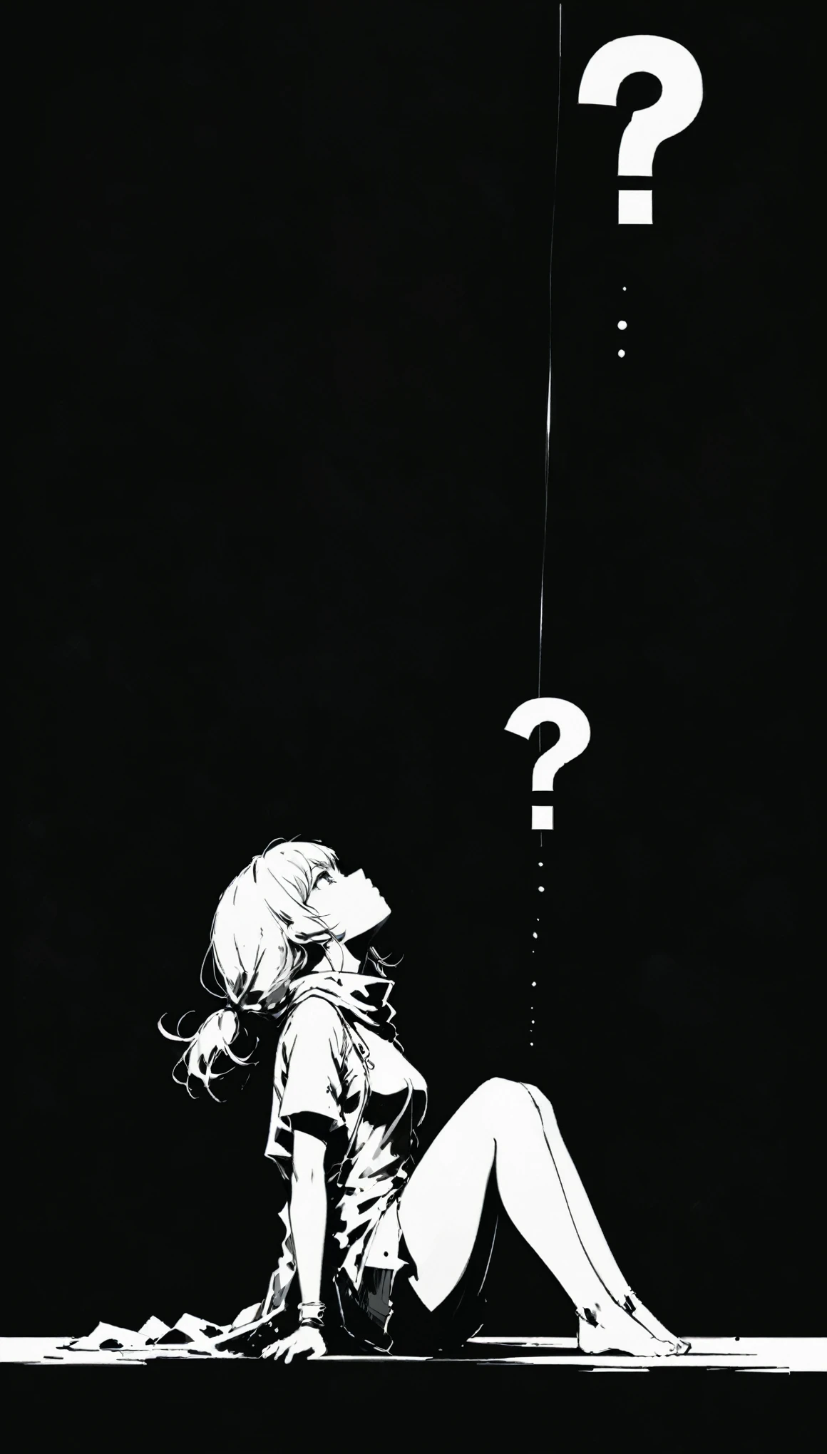 (in style of Ashley Wood:1.1),
1girl,knees apart feet together,?,large areas of white space,black_background,minimalist background,sitting,at the bottom of the screen,(looking up side:1.5),from the side,comic,
