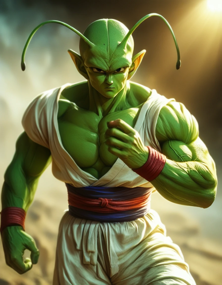 a detailed portrait of piccolo, a fictional character from the dragon ball franchise by akira toriyama, highly detailed and realistic, muscular green alien with antennae, intense gaze, wearing traditional martial arts clothing, dramatic lighting, cinematic composition, intricate detail, realistic skin texture, 8k, photorealistic, award-winning digital art