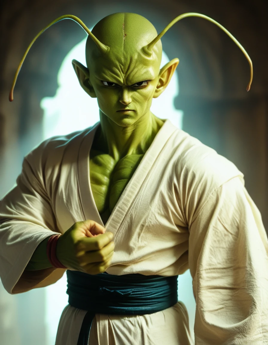 a detailed portrait of piccolo, a fictional character from the dragon ball franchise by akira toriyama, highly detailed and realistic, muscular green alien with antennae, intense gaze, wearing traditional martial arts clothing, dramatic lighting, cinematic composition, intricate detail, realistic skin texture, 8k, photorealistic, award-winning digital art