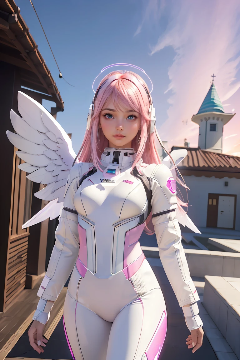 ((masterpiece, best quality, extremely detailed), volumetric lighting, ambient occlusion, colorful, glowing), 
1girl, solo, young girl, (pink hair), long hair, halo, aura, sacred, godness, cyber suit, (white outfit:1.3), android, bot, angel wings,
outdoors, sunset, sky, clouds, space, (The Sims theme:1.2), 