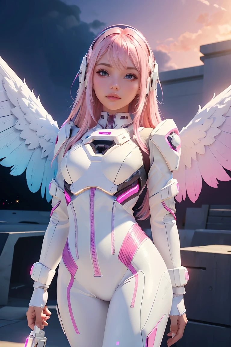 ((masterpiece, best quality, extremely detailed), volumetric lighting, ambient occlusion, colorful, glowing), 
1girl, solo, young girl, (pink hair), long hair, halo, aura, sacred, godness, cyber suit, (white outfit:1.3), android, bot, angel wings,
outdoors, sunset, sky, clouds, space, (The Sims theme:1.2), 