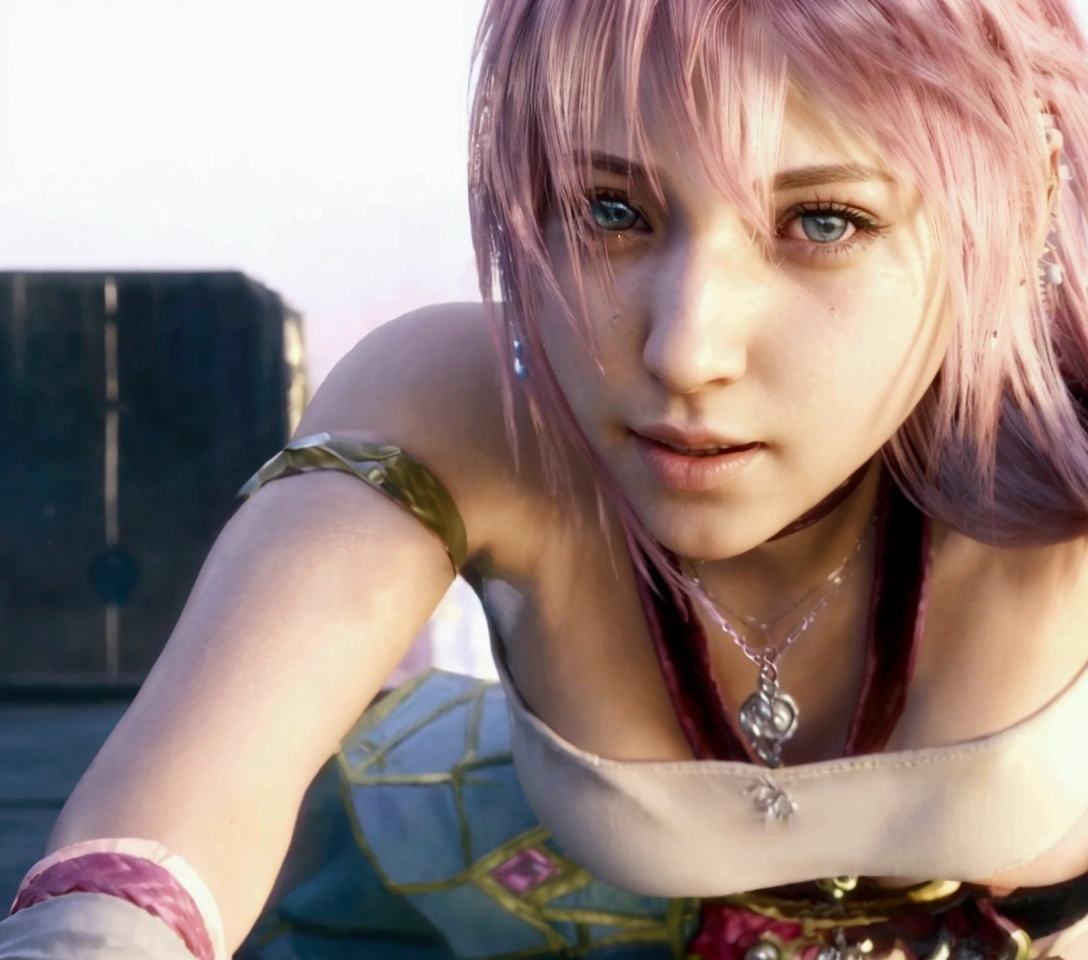 Arabian woman with pink hair and a necklace around her neck, from Final Fantasy xiii, Final Fantasy character, from Final Fantasy, Final Fantasy face, square Enix, Final Fantasy, Final Fantasy, From Kingdom Hearts, Final Fantasy, style game square Enix, Final Fantasy x, square Enix cinematic art, sky, Pink iconic character, Video Game Screenshots, Female protagonist