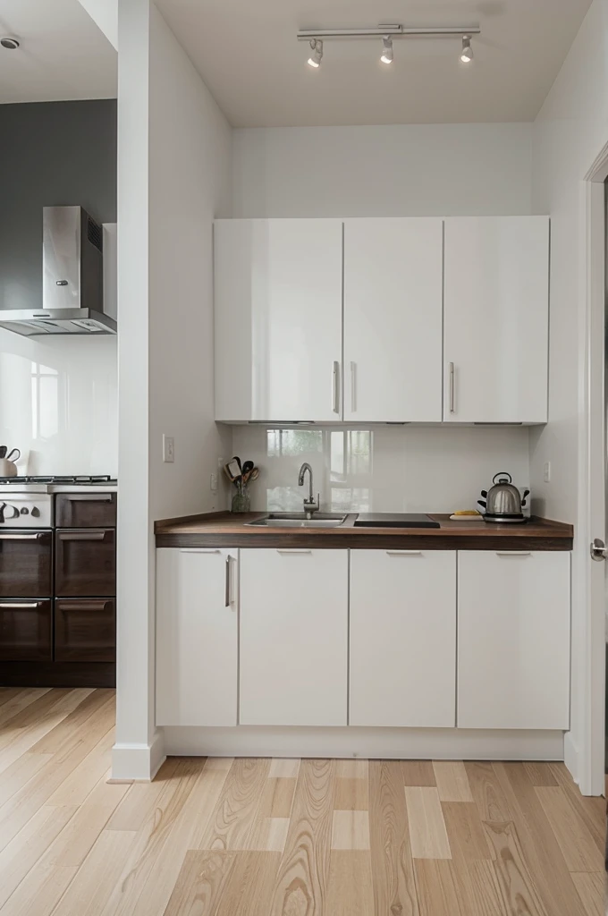 Complete kitchen design with these features: White wall, light gray floor, Dark gray bar and white wooden drawers.