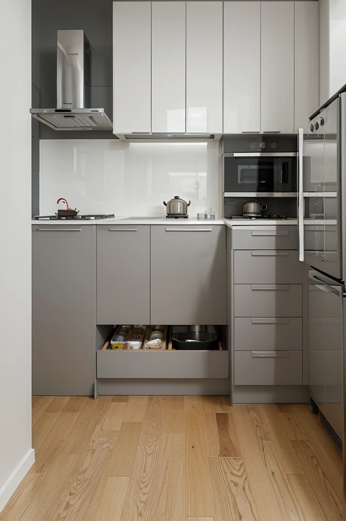 Complete kitchen design with these features: White wall, light gray floor, Dark gray bar and white wooden drawers.