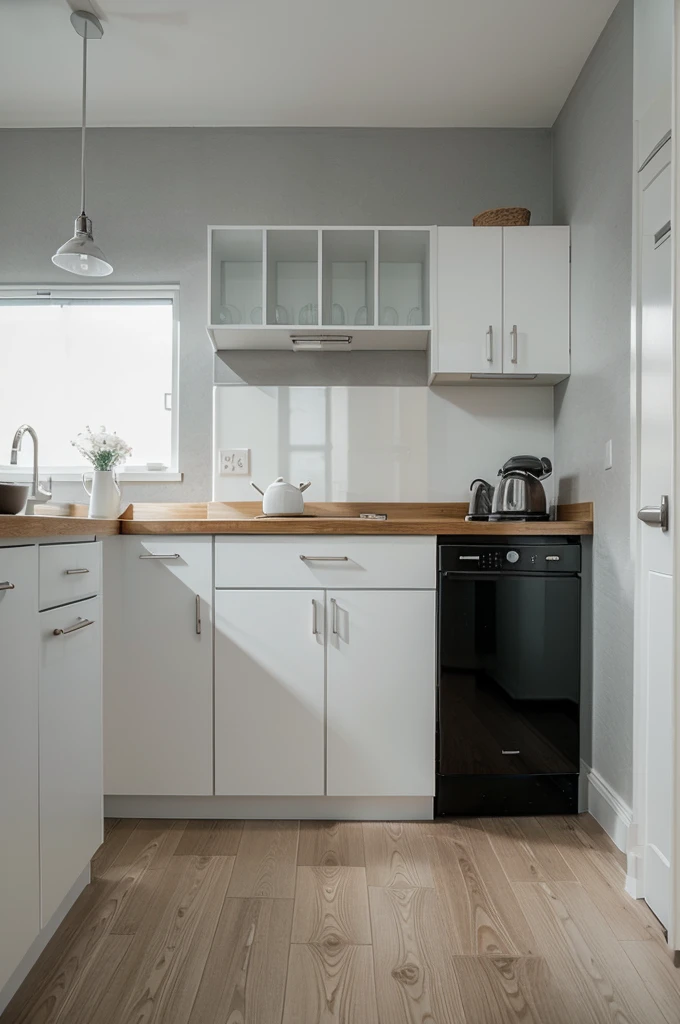 Complete kitchen design with these features: White wall, light gray floor, Dark gray bar and white wooden drawers.