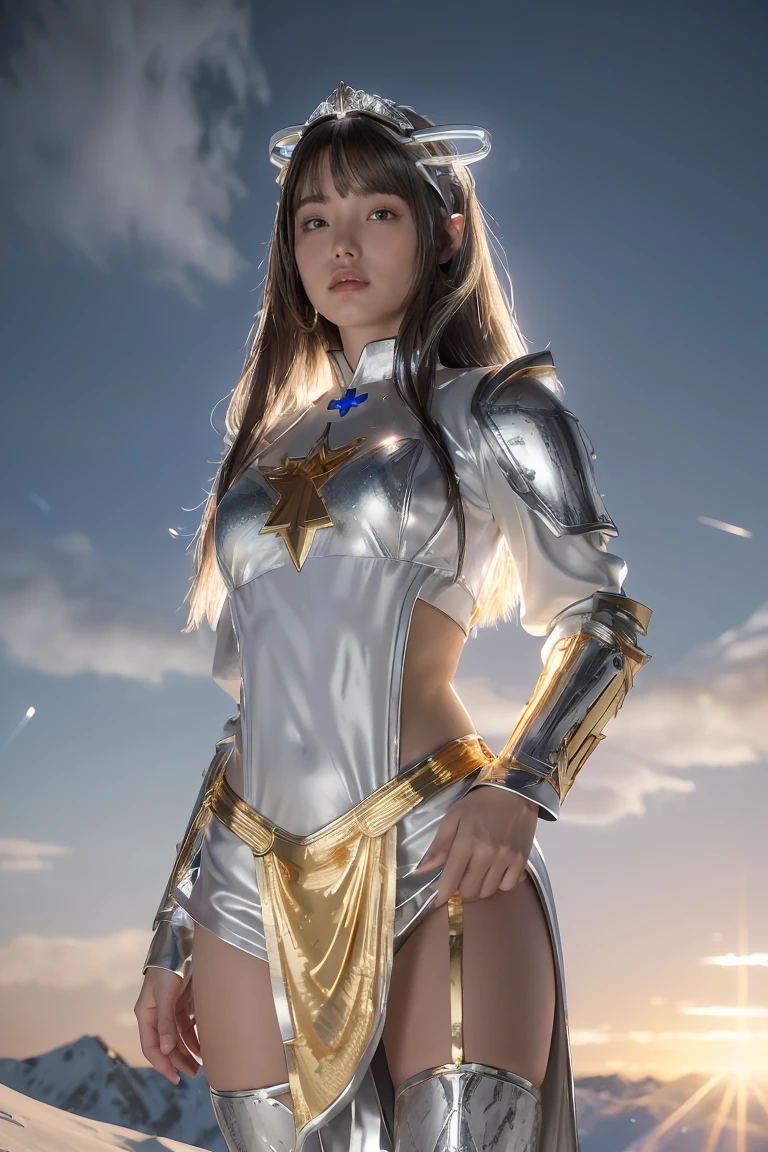 ((masterpiece, best quality, extremely detailed), volumetric lighting, ambient occlusion, colorful, glowing), 1girl, solo, young girl, (dark hair), long hair, halo, aura, sacred, goddess, cleric suit, (silver outfit with gold detailst:1.3), armor, outdoors, sunset, sky, clouds, space, (fantasy theme:1.2),