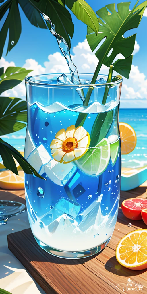 Use your right hand, macro photography depicts Picnic scenes themed around a tropical beach holiday in summer. The protagonist of this photo is a cool glass filled with iced carbonated drinks. The lenses are focused on the glasses, fruits, The dazzling midday sun, Fisheye Lens, Vision, hearty meals, (Splashed liquid: 1.6), ice, (Picnic scene: 0.5) (Cute desserts: 0.4), Dripping. It&#39;s full of carbonated drinks, Translucent liquid, Daytime outdoor lighting (Beach1.5), Tropical plants, Hot Weather, HD detailed, Wet Watermark, Hyper Detail, Cinematic, Surrealism, Soft Light, Deep focus bokeh, Ray Tracing, Spread (Ultrafine glass reflection), and Surrealism.