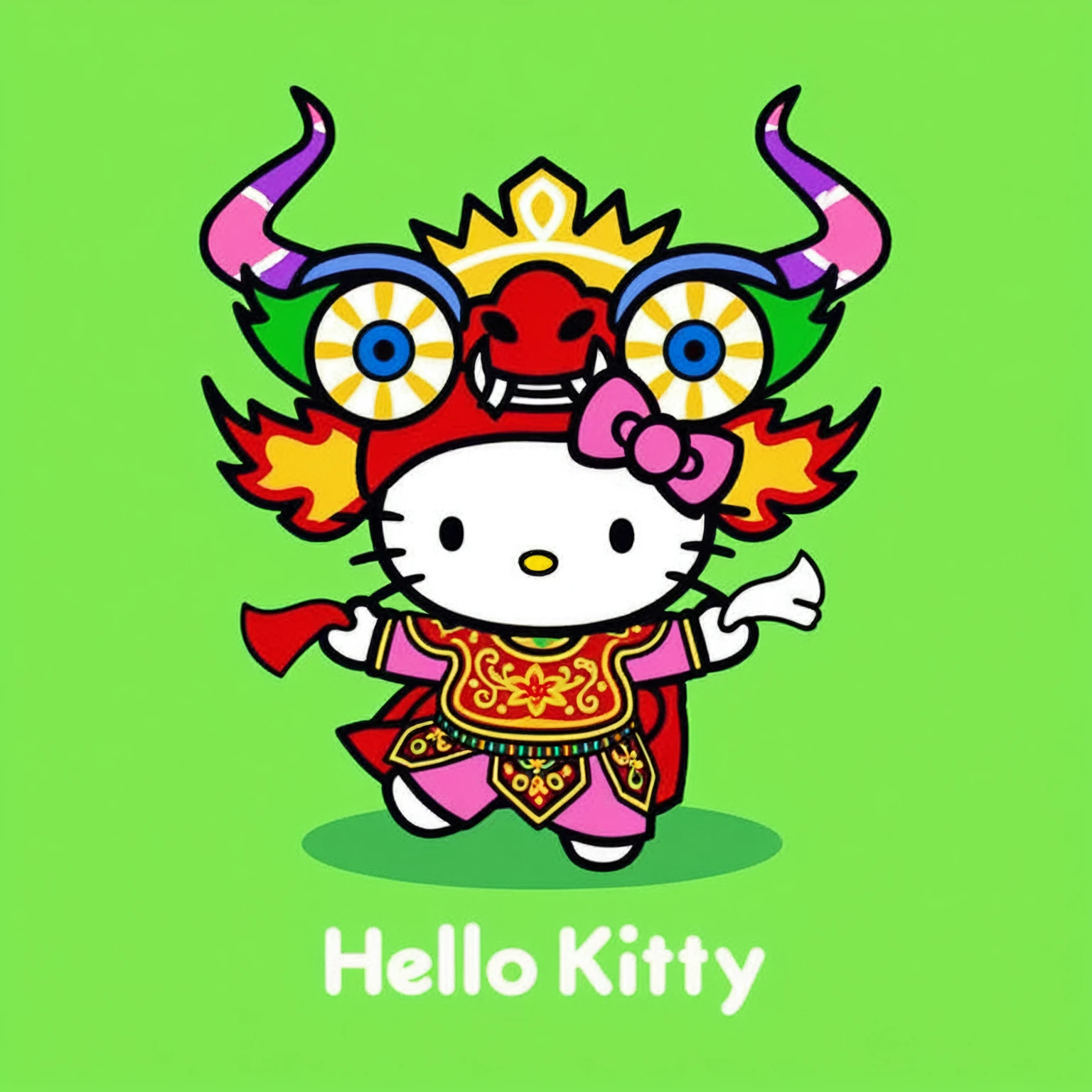 Redesign this Hello Kitty with the following features. hello kitty: Keep it with its typical characteristics: white face, no mouth, with its characteristic bow in one ear.
Contradance Costume:
blouse: A white blouse with embroidered details in bright colors like red, green and blue. May have long puffed sleeves and lace cuffs.
Skirt: A wide and colorful skirt, decorated with embroidery and ribbons. Colors can be a combination of red, White and green.
accessories: A wide, colorful belt around the waist, and a typical contradanza hat, which is usually made of straw and decorated with ribbons.
pose: hello kitty podría estar en una pose de baile, with one hand raised holding the hat and the other on the waist, showing the joy and dynamism of dance.
