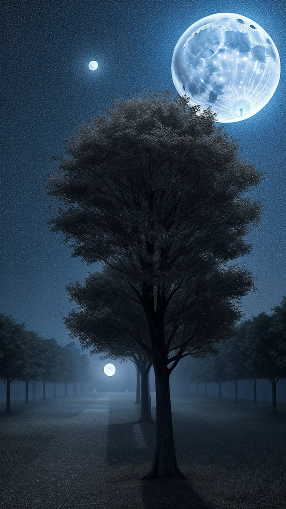 A square of trees at night with moonlight and stars photo landscape realistic and fantasy style