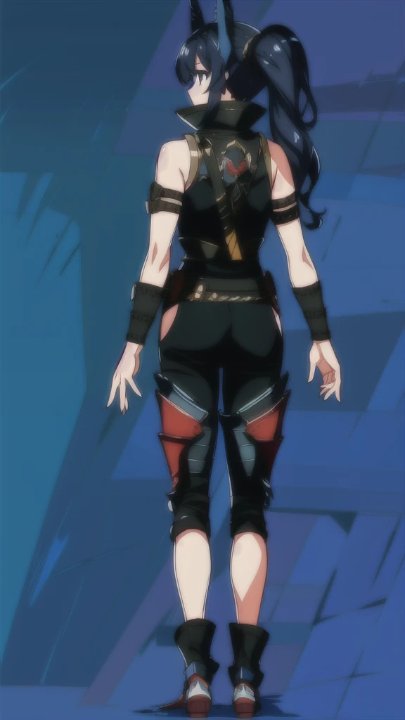 An anime picture, a perfect body, full body, villages background, female warrior, black twin tails, tank top armor, black armor, and black leggings