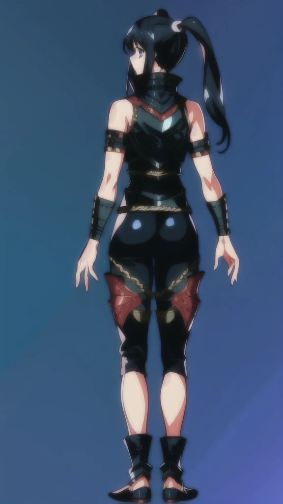 An anime picture, a perfect body, full body, villages background, female warrior, black twin tails, tank top armor, black armor, and black leggings