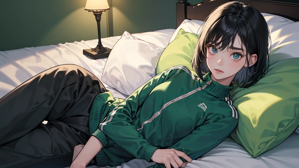 (perfect anatomy:1.2)(absurdres, highres, ultra detailed),masterpiece,best quality,high resolution,8k,Realistic face,Realistic skin texture,magnified textures, stunning clarity,detailed anime girl,(ultra detailed eyes and face),(1 girl:1.5)21years old,she is office worker,,black hair, bob cut, No-makeup look,,green school track jacket and green track pants,white t-thirt,(The chest is visible)(Lying on her bed on back down,look,sleepy eyes,small nose,roundface,Women's Apartments in suburb,(faint light),(darkness),(midnight),,(sleepy),(happy)upper body,Foliage plant,turn off the lamp,The expression of love