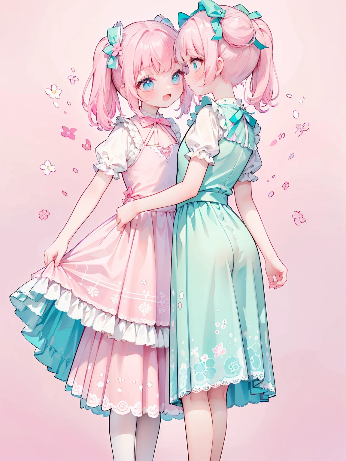 (masterpiece:1.2), best quality, highres, original, (extremely detailed:1.2), ultra-detailed, wallpaper, perfect lighting,(extremely detailed CG:1.2), 8k, 1boy, solo, crossdressing, tomgirl, kawaii, (open the mouth, laughing, happy, twintails, flat chest, pink hair, light-blue eyes:1.1), (Lolita Fashion, pink dress, short-sleeves, bowknot on waistline, lace hemline, knee-length dress, delicate dress:1.2), (anatomically correct:1.3), standing, close-up, from behind, view of back, back-angle, (dreamlike background, pink background, girly background, sakura patterns:1.2)