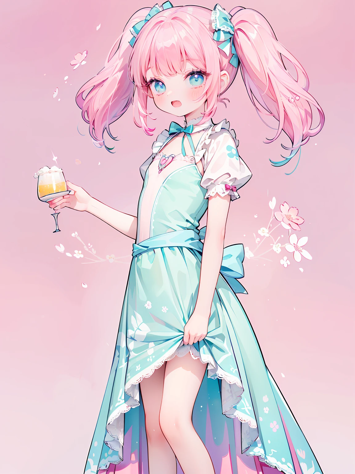 (masterpiece:1.2), best quality, highres, original, (extremely detailed:1.2), ultra-detailed, wallpaper, perfect lighting,(extremely detailed CG:1.2), 8k, 1boy, solo, crossdressing, tomgirl, kawaii, (open the mouth, laughing, happy, twintails, flat chest, pink hair, light-blue eyes:1.1), (Lolita Fashion, pink dress, short-sleeves, bowknot on waistline, lace hemline, knee-length dress, delicate dress:1.2), (anatomically correct:1.3), standing, close-up, from behind, view of back, back-angle, (dreamlike background, pink background, girly background, sakura patterns:1.2)