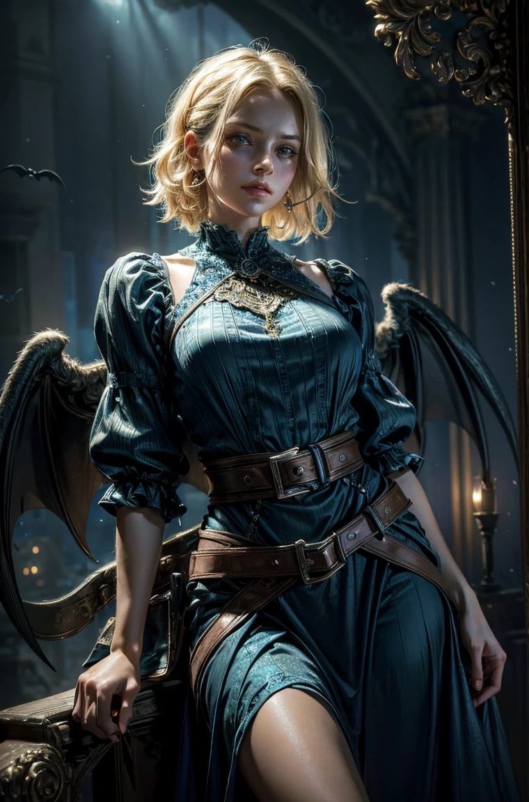 50 year old Standing wearing a ankle length or full colorful dress that covers her thighs BLONDE A female blonde succubus with bat wings tipped with claws, with mesmerizing feature masterpiece, top quality, best quality, official art, beautiful and aesthetic:1.2), (1girl), extreme detailed,(fractal art:1.3), colorful, highest detailed, (masterpiece, best quality:1.3) 1 bright-amber, blue, green cat like-eyes, professional digital painting, Unreal Engine 5. wearing a long dress, Hopeful expression, finely detailed eyes, happy mood, Wearing a full coverage blouse, epic scene, epic composition, Cinematic Lighting, Volumetric Lighting, ethereal light, intricate details, extremely detailed volumetric rays. oil painting, Detailed facial features, Sunlight, bright colors, dramatic lighting, expressive eyes and lips, High Resolution, 4K quality, Photorealistic
