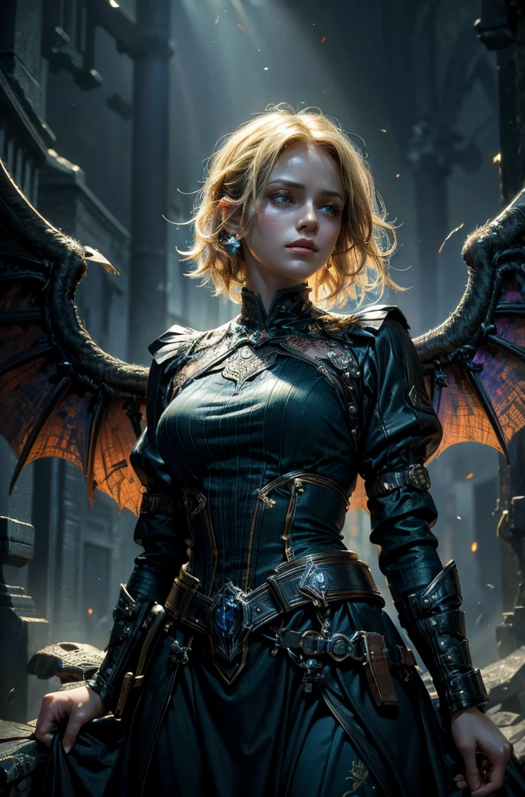 50 year old Standing wearing a ankle length or full colorful dress that covers her thighs BLONDE A female blonde succubus with bat wings tipped with claws, with mesmerizing feature masterpiece, top quality, best quality, official art, beautiful and aesthetic:1.2), (1girl), extreme detailed,(fractal art:1.3), colorful, highest detailed, (masterpiece, best quality:1.3) 1 bright-amber, blue, green cat like-eyes, professional digital painting, Unreal Engine 5. wearing a long dress, Hopeful expression, finely detailed eyes, happy mood, Wearing a full coverage blouse, epic scene, epic composition, Cinematic Lighting, Volumetric Lighting, ethereal light, intricate details, extremely detailed volumetric rays. oil painting, Detailed facial features, Sunlight, bright colors, dramatic lighting, expressive eyes and lips, High Resolution, 4K quality, Photorealistic