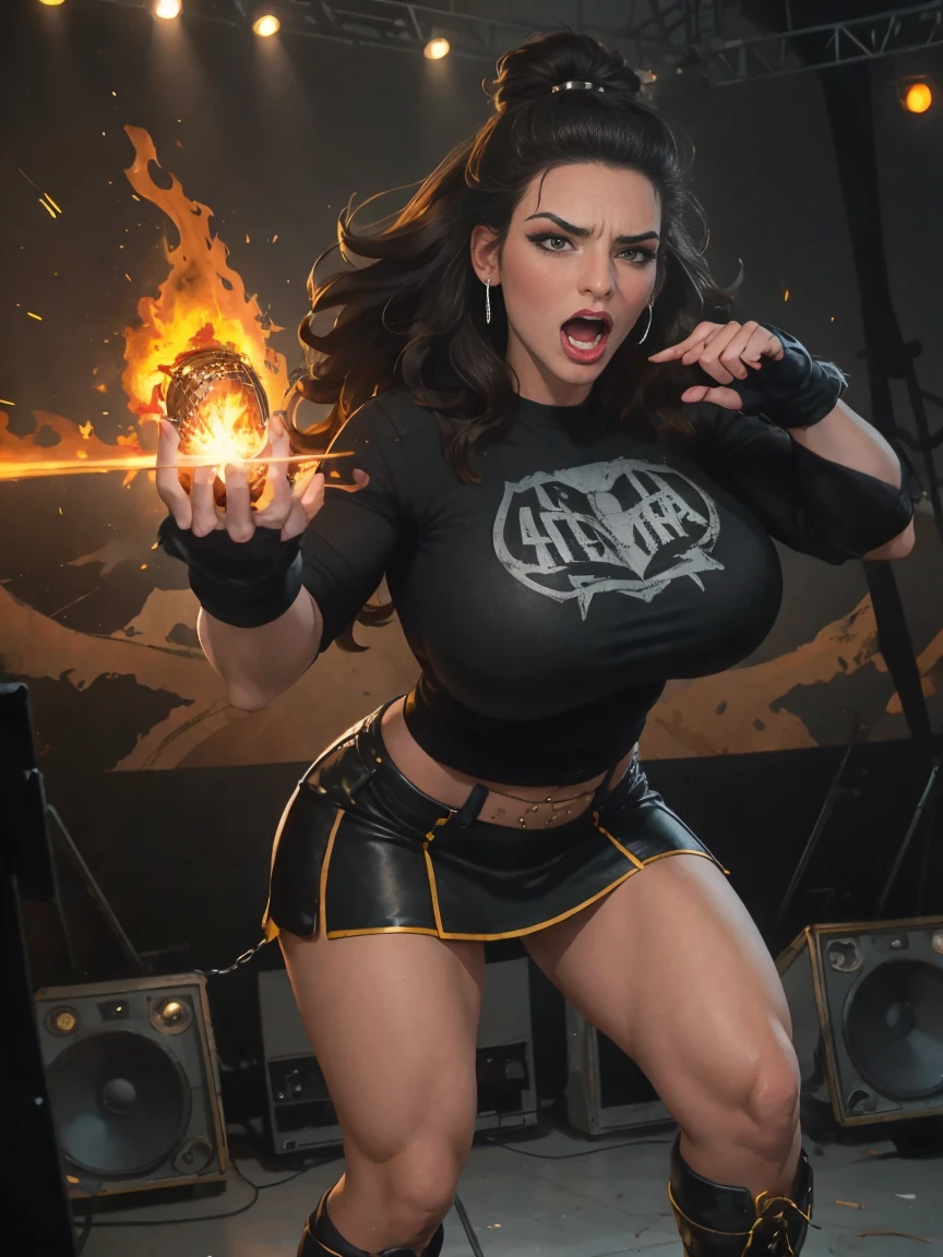 Extremely busty thin and toned brunette death metal singer, college girl, fair skin, big hair, hair pulled back, soft face, athletic, heavy makeup, piercings, black leather, studs, tight black top, boots, fingerless gloves, tight skirt, chains. standing on a stage, pyrotechnics, holding a microphone, metal concert. (microphone), angry, rage, screaming. Heavy metal. Death metal. Explosions, fire.