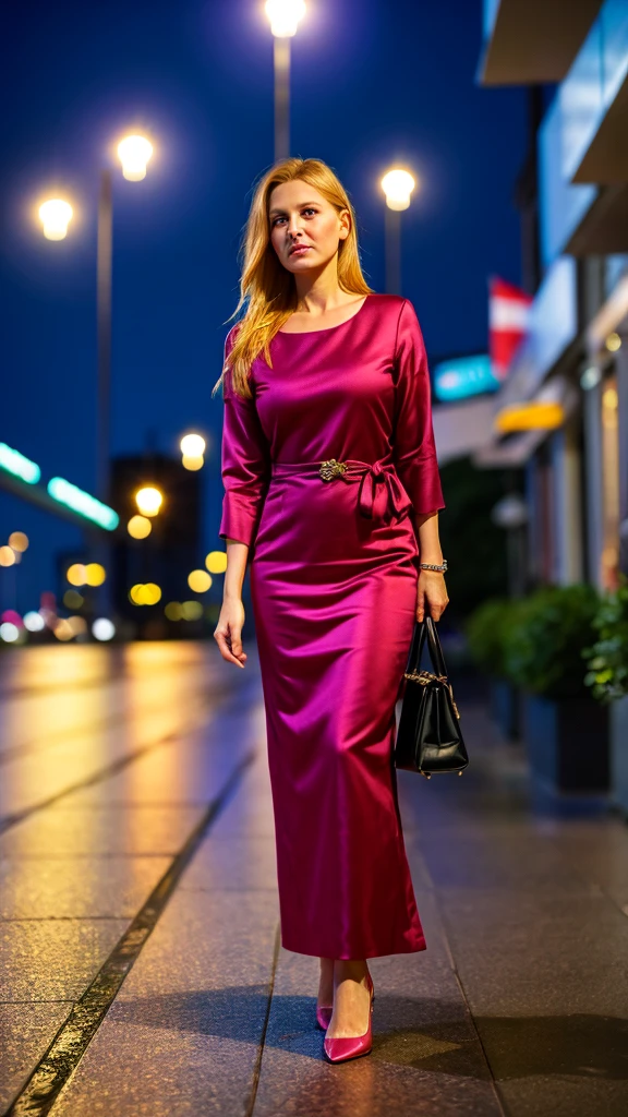 color photography of 40 years old (Polish woman:1.3), elegant, (in city promenade:1.3), at night, flat lighting, (soft saturation:1.2), analog style,