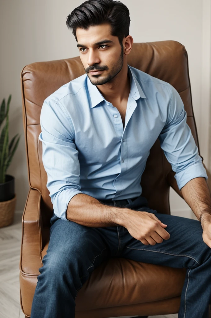 A man sitting on chair waring Wight t-shirt and blue full pant look at the camera, a little smile on face 