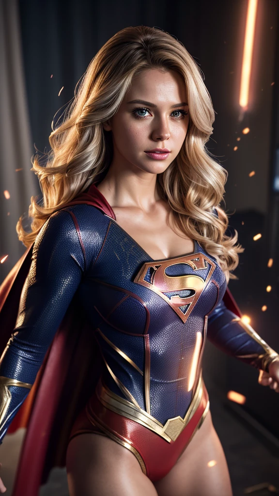 Hyper-realistic image of Supergirl in a scene where she is fading into small particles, Her breasts are extra ultra large and cleavage in her blouse, her hair is gold and silver and pink and curly cinematic lighting effects maximum quality image. 