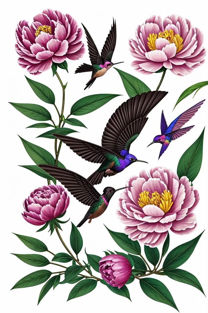 Peony flower with colibri and vegwtacion illustrated design