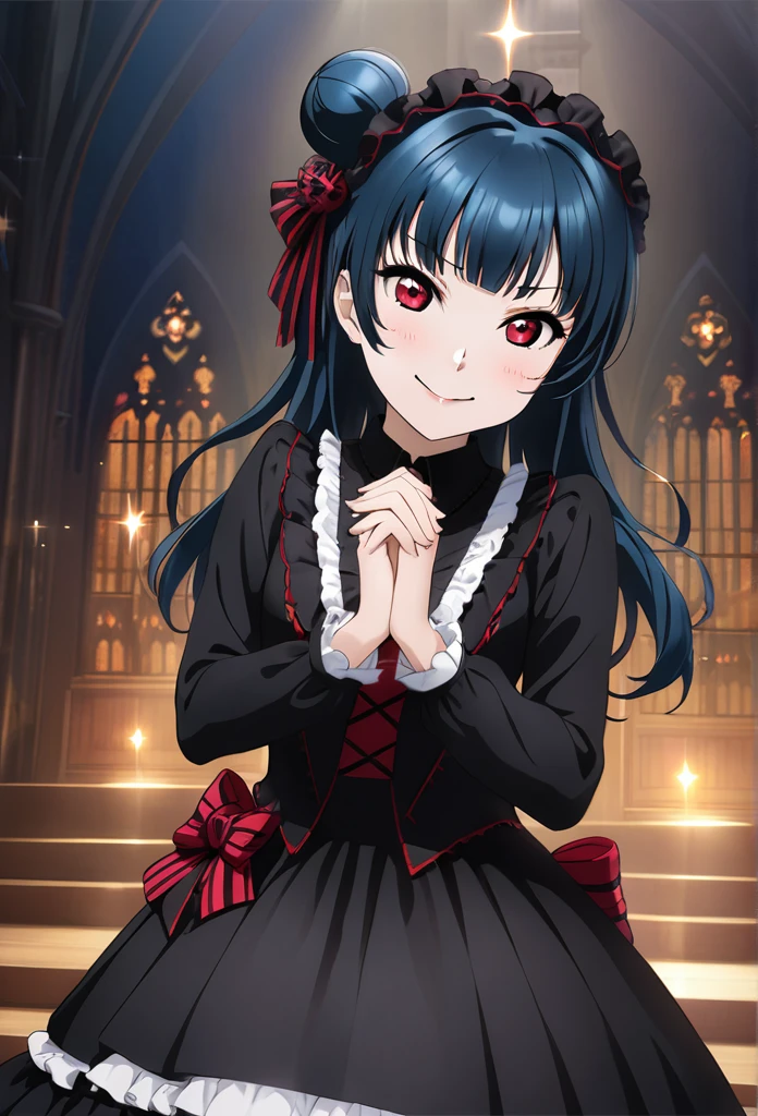 Ultra-realism、One girl, Yoshiko Tsushima、Blue Hair、Long Hair, Red eyes, (Bun on the right side of the head)、Gothic Lolita、Stretch your hands out in front of you、whole body、night、darkness、church、(Background Devil)、Expressionless、Sparkle Effect, smug face