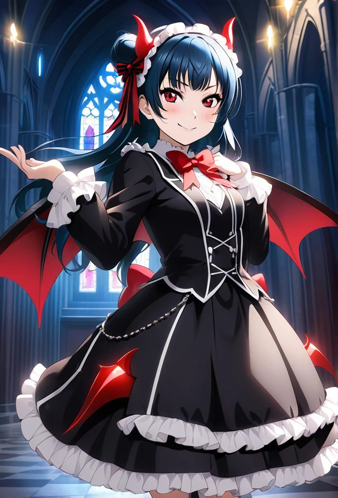 Ultra-realism、One girl, Yoshiko Tsushima、Blue Hair、Long Hair, Red eyes, (Bun on the right side of the head)、Gothic ****ta、Stretch your hands out in front of you、whole body、night、darkness、church、(Background Devil)、Expressionless、Sparkle Effect, smug face