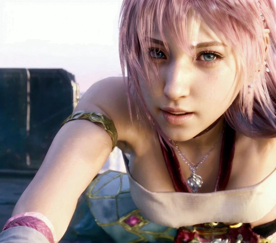 Arabian woman with pink hair and a necklace around her neck, from Final Fantasy xiii, Final Fantasy character, from Final Fantasy, Final Fantasy face, square Enix, Final Fantasy, Final Fantasy, From Kingdom Hearts, Final Fantasy, style game square Enix, Final Fantasy x, square Enix cinematic art, sky, Pink iconic character, Video Game Screenshots, Female protagonist