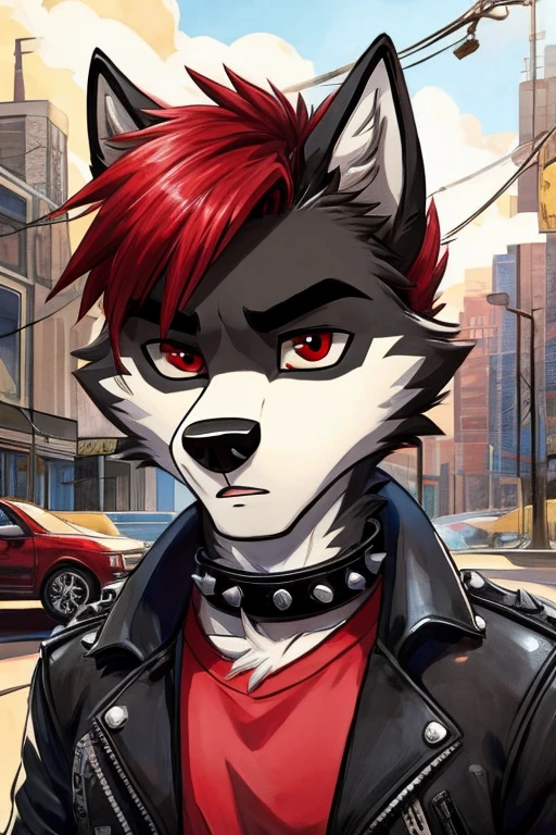Art Cartoon,furry masculino,husky,black and white fur color,beauty,black and red hair color,Eyes red,normal facial expression,Dog Collar,punk jacket,red shirt,black military pants,military boots,suburb