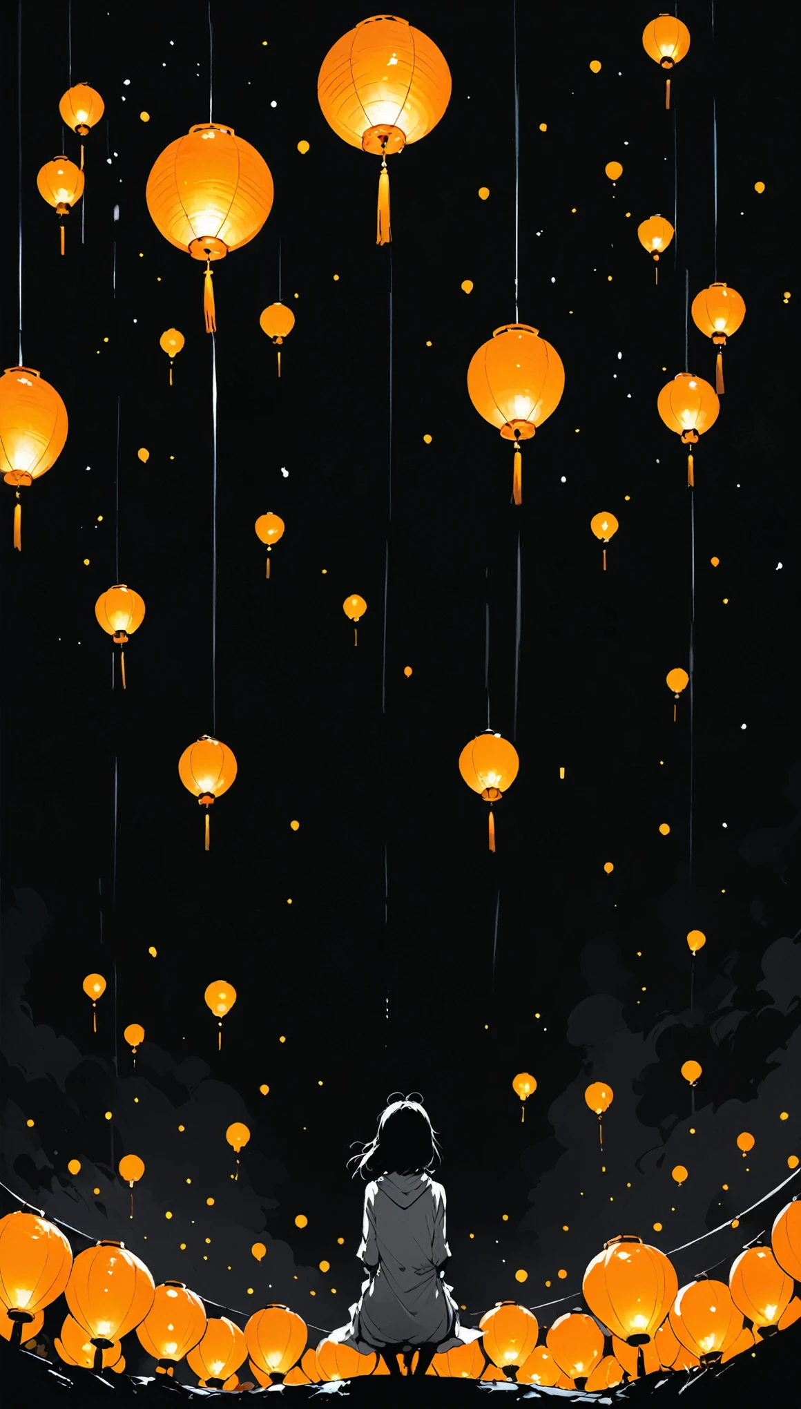 (in style of Ashley Wood:1.1),
1girl,knees apart feet together,?,large areas of white space,black_background,minimalist background,sitting,at the bottom of the screen,(looking up side:1.5),from the side,comic,The sky is full of orange lanterns