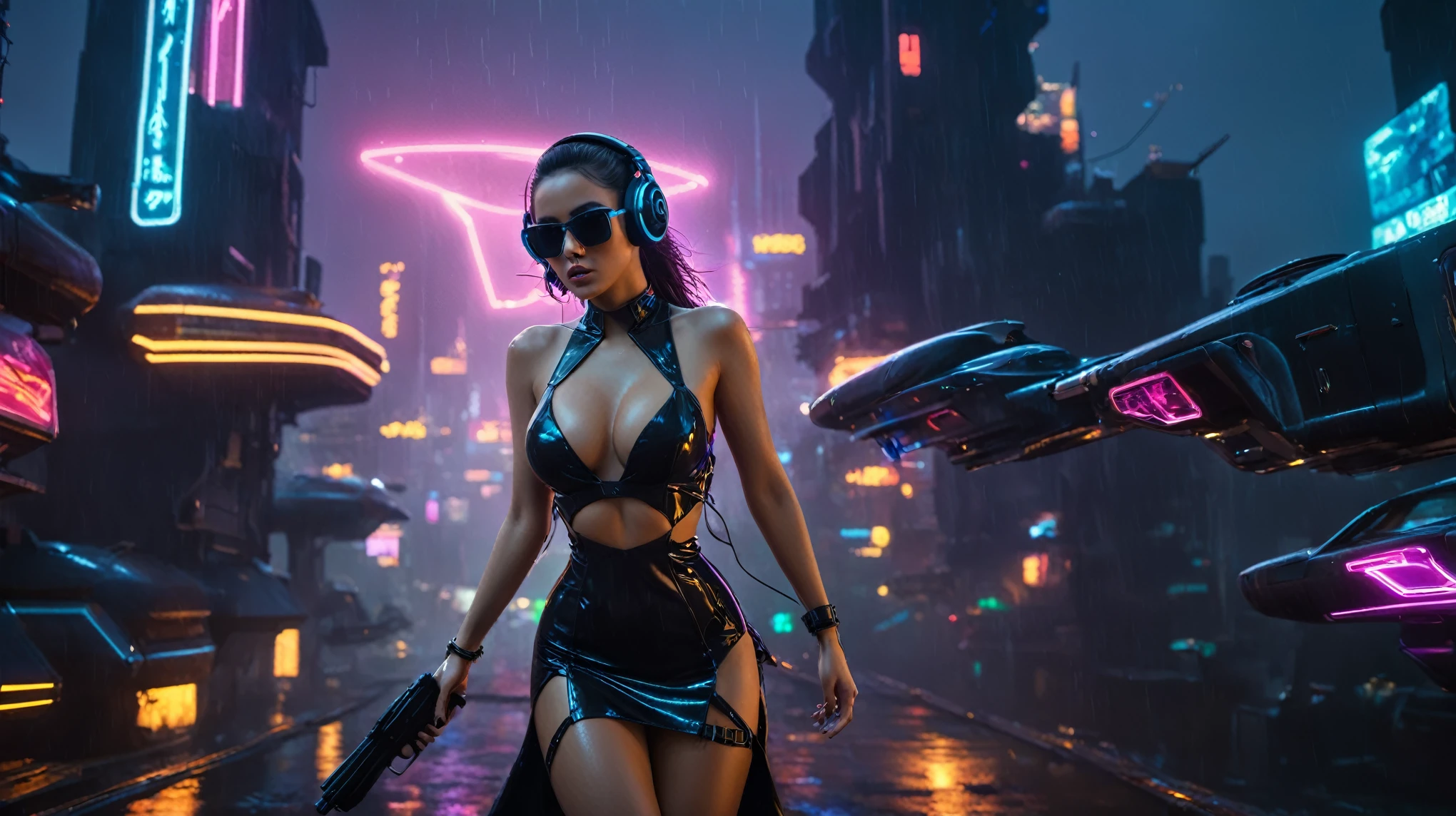 (aerial view, a flying cars docking platform, a very dark abandoned futuristic city, neon lights), rainy night. (((1girl, solo, alone))), large-breast:1.2 slim body, cleavage:1.1, sexy wind blowing wet dress:1.4, (((headphone, black sunglasses, standing and holding pistol:1.8, dynamic rushing pose))), (((((half-body thigh level medium shot))))), cinematic lighting, lens flare, ray tracing.