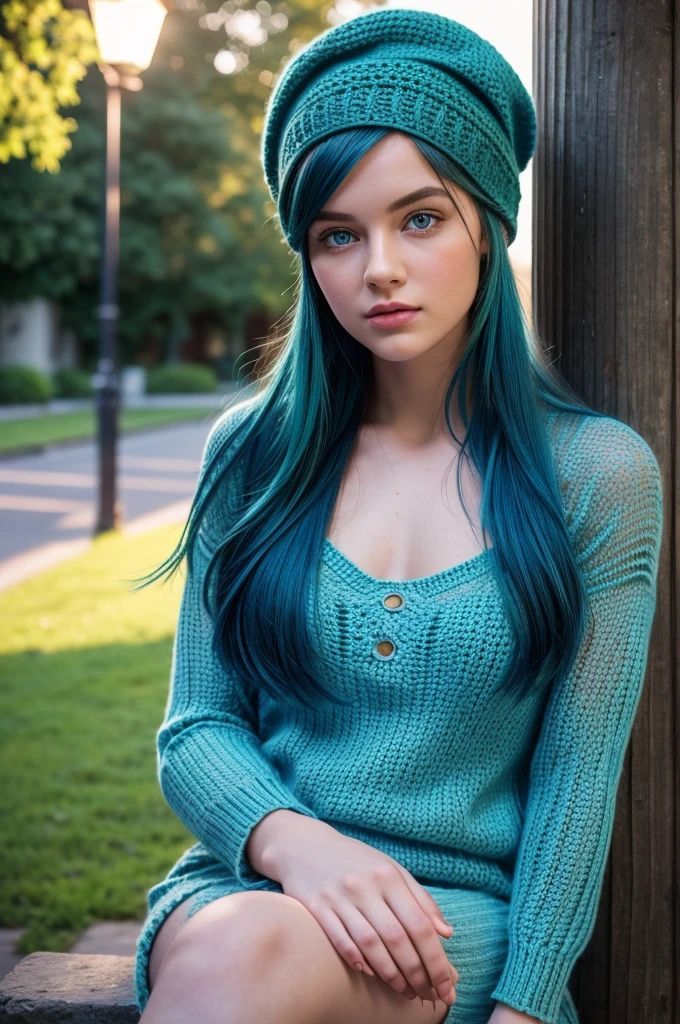 Masterpiece, 20 year old woman, full body, he highest quality, big blue eyes,proportionate lips , Colorful cinematic lighting, knitted dress green, with overflow [blue|red] Hair, (wearing crochet berets), (Perfect face:1.1), sitting under a light post, at night, dappled light, romantic, HDR, Very detailed, 8k, Hyper realistic, shot at eye level, Cinestill 800