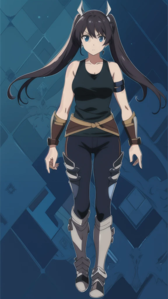 An anime picture, a perfect body, full body, villages background, female warrior, black twin tails, tank top armor, black armor, and black leggings
