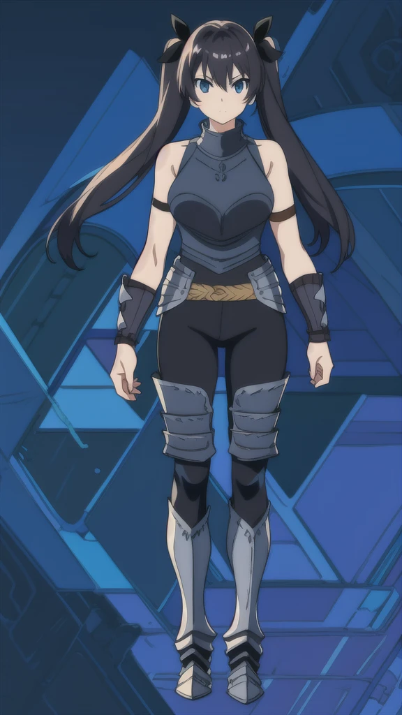 An anime picture, a perfect body, full body, villages background, female warrior, black twin tails, tank top armor, black armor, and black leggings