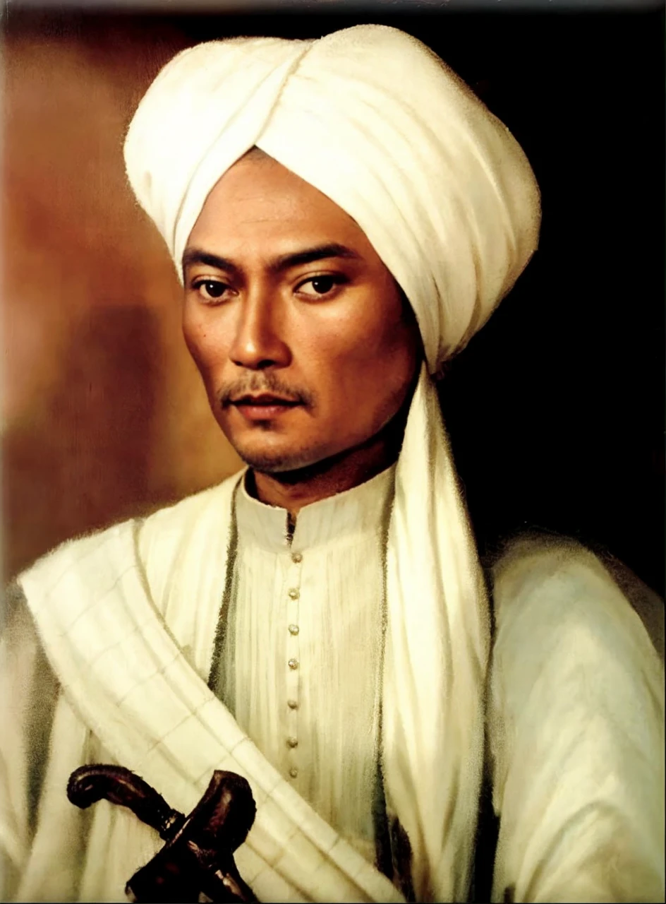 Indonesian Muslim man, 40 years old, wearing a white turban, Islamic clothing, perhaps a robe. A white cloth with a checkered city motif that can be seen crossing over the shoulders. You can see an heirloom keris with a black handle tucked into his waist. wrinkled brown skin color according to age, oval shaped face, slightly long oval chin, clear clean slightly large eyes, long natural black eyebrows, small tall nose, small thin lips, has a thin mustache and a thin beard. HD quality realistic images.