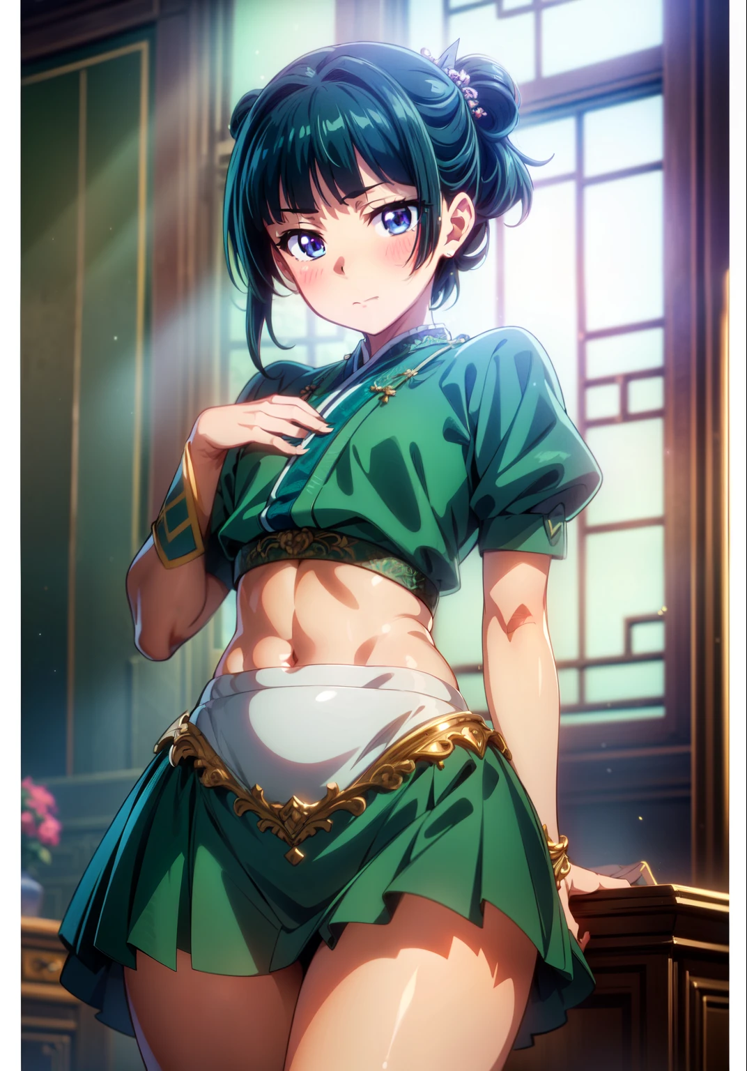 (Masterpiece, High Quality, Top quality, High-Detailed, Detailed CG, Cinematic Shadow, Cinematic Scene, Beautiful Detailed Eyes, Ultra Resolution, Depth of Field, 8k, High resolution, masterpiece: 1.2), Anime art style, Very detailed, Dynamic Angle,  Style, Detailed Green Hair, Detailed Blue Eyes, Slim Body, Sparkling eyes, Hair Accessory, Earrings, Slightly Blunt Bangs, Looking at the Audience, (Blush Expression:1.2), (Small Expression:1.2), (Dark Green Hair), Purple Eye, Five Fingers, Good Composition, Arms, Thighs, Small Breasts, Hips, Night Times, Midnight, Blur Background, Chinese Architectures