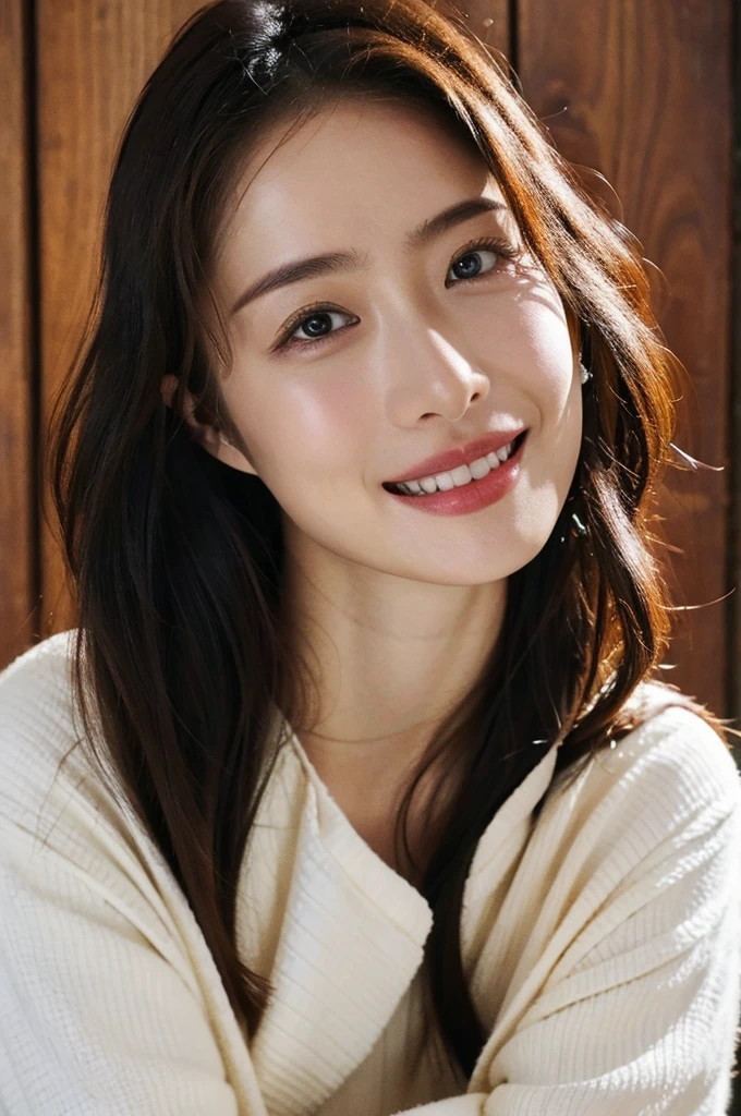(masterpiece:1.3), (8k, Photorealistic, Raw photo, Best image quality: 1.4), Japanese women、(Shoulder-length hair:1.2)、Indoors at night、Super detailed face、Attention to detail、double eyelid、Put your chest together、Sharp focus:1.2、Beautiful woman:1.4、Light brown hair、Highest quality、masterpiece、Ultra-high resolution、(Photorealistic:1.4)、Highly detailed and professional lighting、thin、Shy smile、,((Half-taken clothes:1.5)) ,she,Spoiled