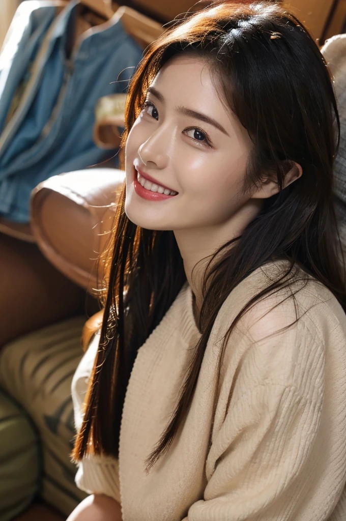 (masterpiece:1.3), (8k, Photorealistic, Raw photo, Best image quality: 1.4), Japanese women、(Shoulder-length hair:1.2)、Indoors at night、Super detailed face、Attention to detail、double eyelid、Put your chest together、Sharp focus:1.2、Beautiful woman:1.4、Light brown hair、Highest quality、masterpiece、Ultra-high resolution、(Photorealistic:1.4)、Highly detailed and professional lighting、thin、Shy smile、,((Half-taken clothes:1.5)) ,she,Spoiled