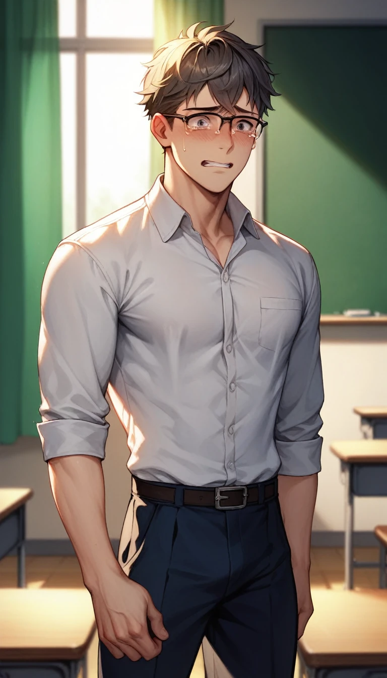 best quality, masterpiece, extremely detailed, handsome young man, skinny build, messy curtain bangs, thick-rimmed glasses, cute preppy college uniform, standing in front of classroom, mathematical equations on blackboard in the background, tears his shirt off, embarrassed expression, gay, homoerotic, romantic atmosphere, ambient lighting, extremely dramatic shadows, perfection, no watermark, no logo, no signature