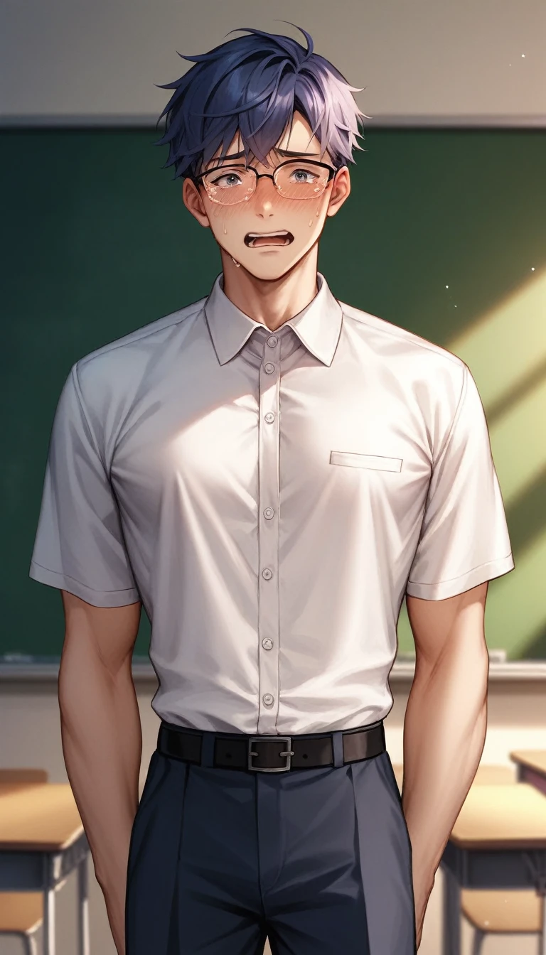 best quality, masterpiece, extremely detailed, handsome young man, skinny build, messy curtain bangs, thick-rimmed glasses, cute preppy college uniform, standing in front of classroom, mathematical equations on blackboard in the background, tears his shirt off, embarrassed expression, gay, homoerotic, romantic atmosphere, ambient lighting, extremely dramatic shadows, perfection, no watermark, no logo, no signature