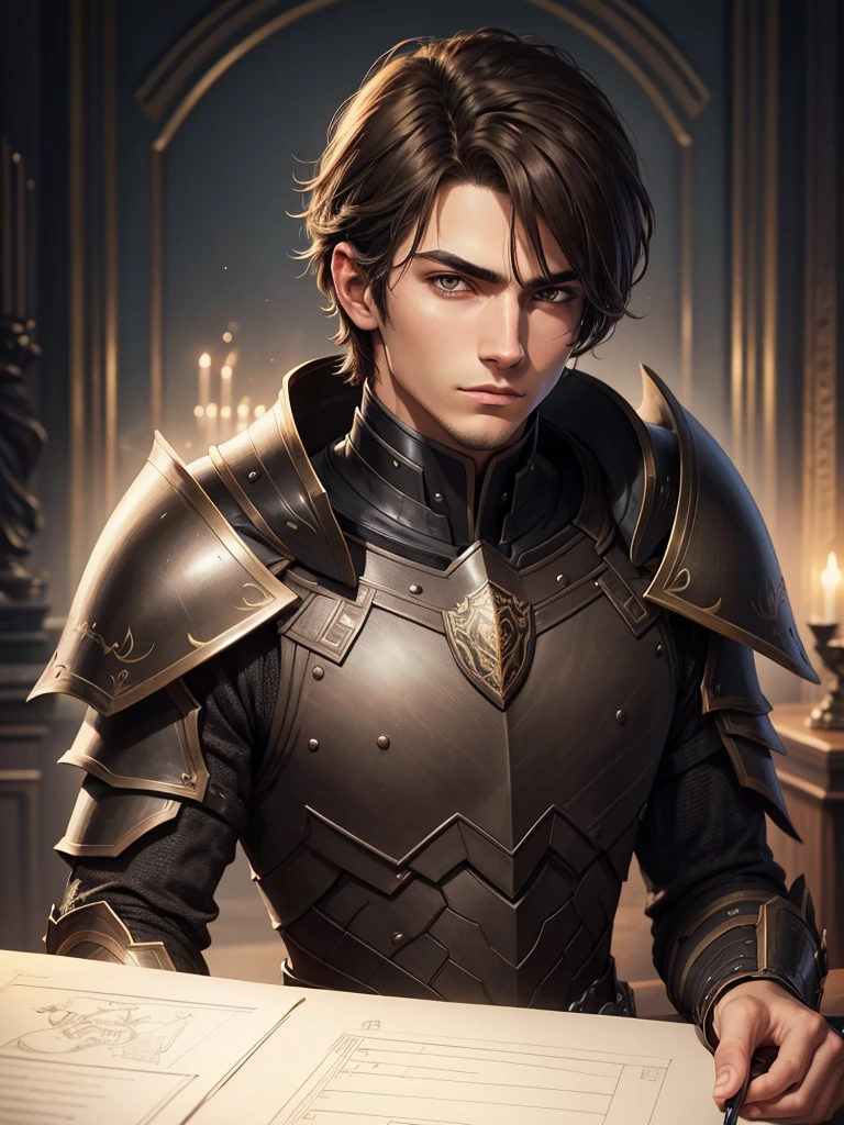 pretty young man, black armour, arrogant look, drawing style, lightBrown hair, europeu