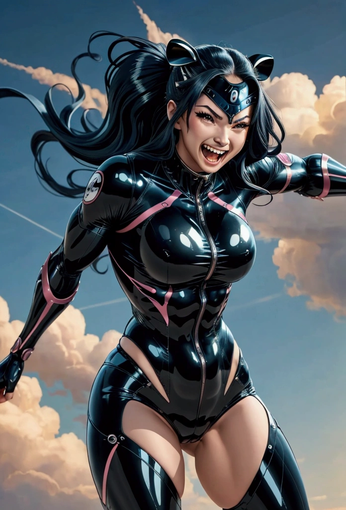 anime(best quality)(masterpiece) 1killer_whale as a muscle lady, flying on the clouds, straight body posture, smile, sharp teeth, excited expression, HD, besst wallpaper, vivid color, tight costume shows the bodyline, super detailed, cinematic movement, dynamic movement, dynamic motion